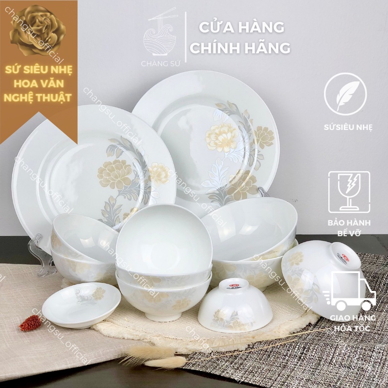 Set bát dĩa 12 món sứ xương hoa văn bắc âu cổ điển - Sứ xương siêu nhẹ Minh Châu