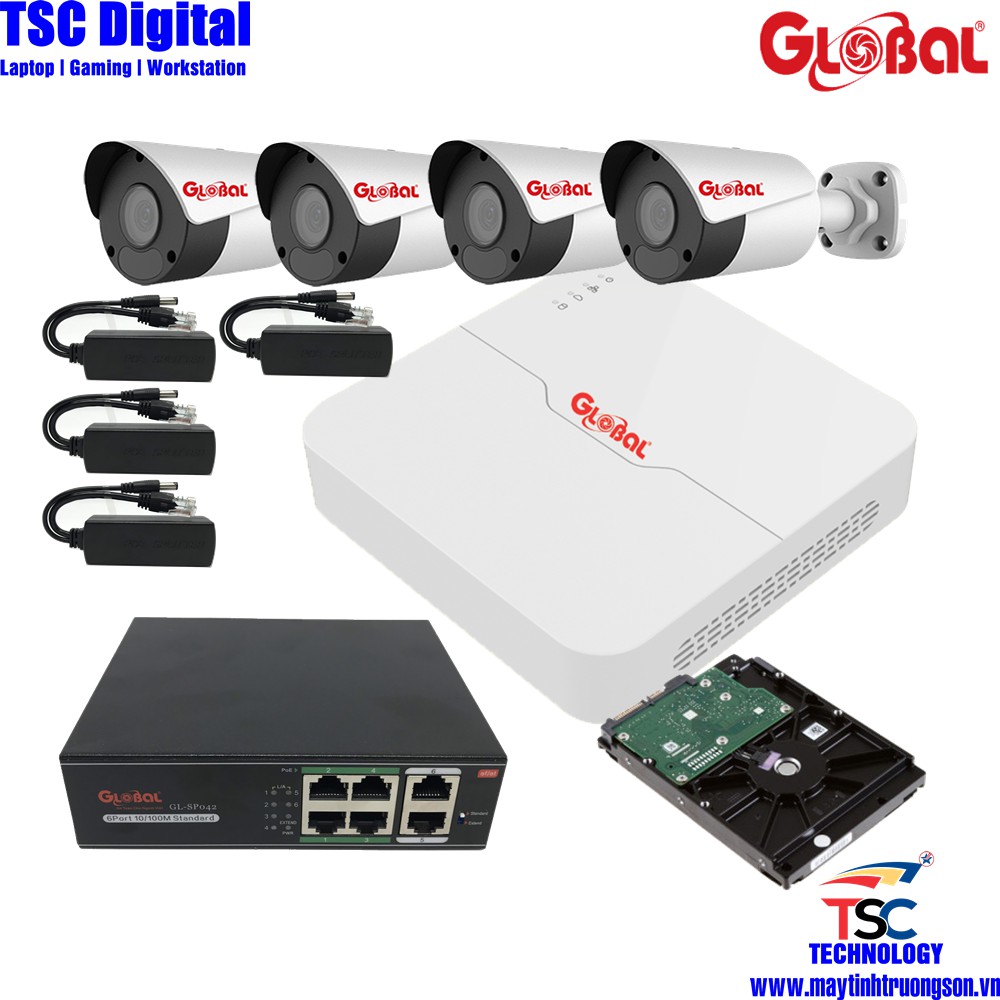 Camera Bộ Kit POE Đầu Ghi Hình + 4 Mắt Camera NVR-0104L-4/ TAG-I32L3-FP40 | Kèm Ổ Cứng Lưu Trữ 1000GB