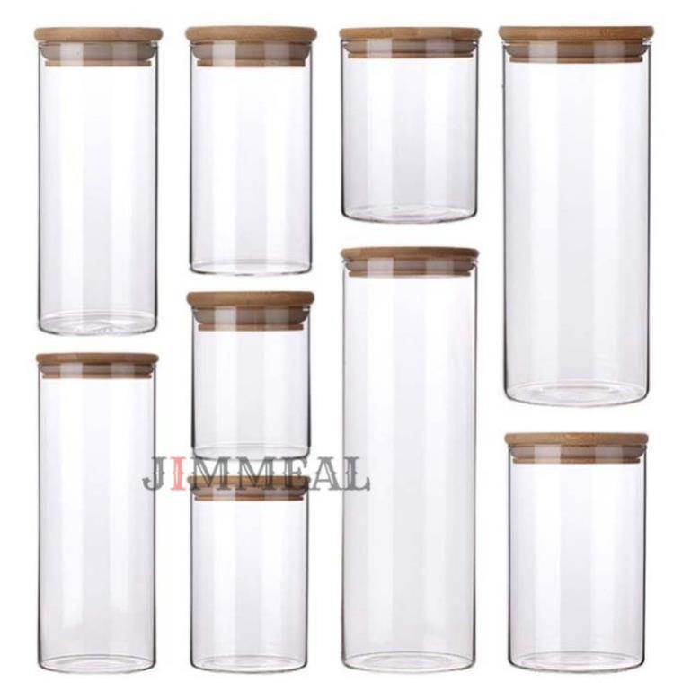 Hũ Thủy Tinh Nắp Gỗ Đựng Gia Vị, Thức Ăn, Đồ Khô, Ngũ Cốc JIMMEAL 200 350 500 650 750ml 1000ml 1100ml 1300ml