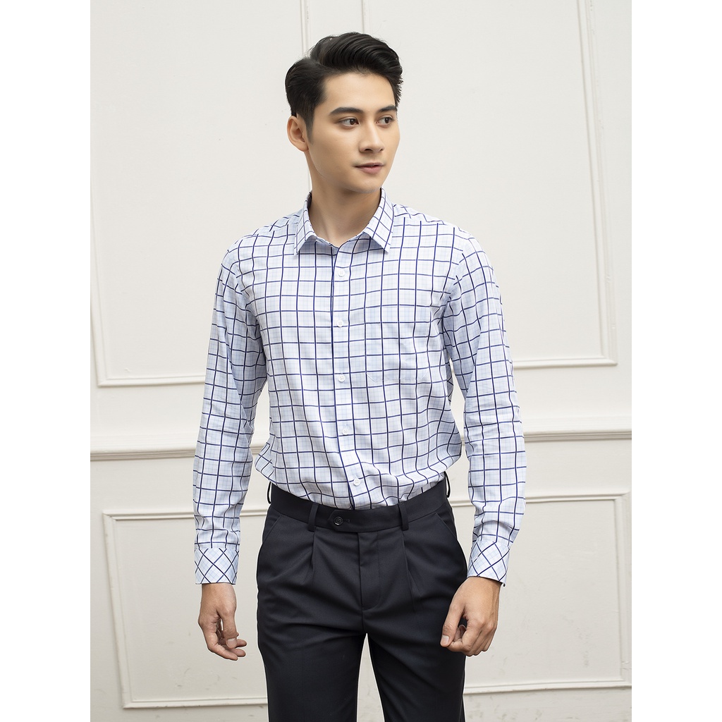Áo sơ mi nam dài tay Aristino họa tiết kẻ caro xanh thời thượng, chất vải mềm mại, thoáng khí - ALS27409