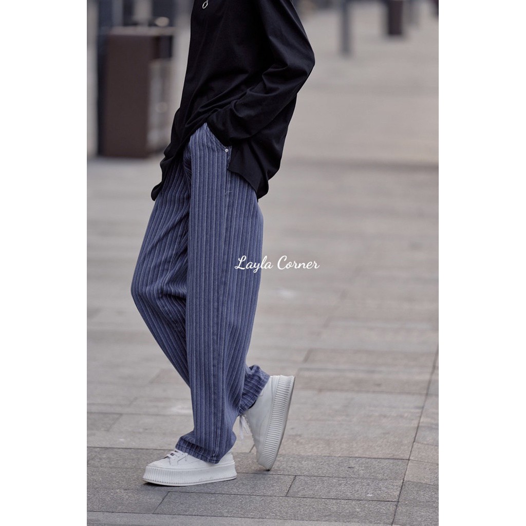 Quần ống rộng kẻ sọc lưng cao phong cách Retro cổ điển dành cho nữ 🌻