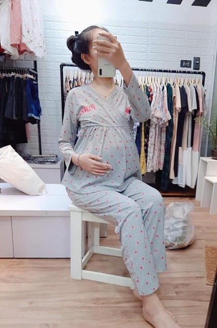 Bộ Pink bầu và sau sinh dài tay vạt chéo cho mẹ
