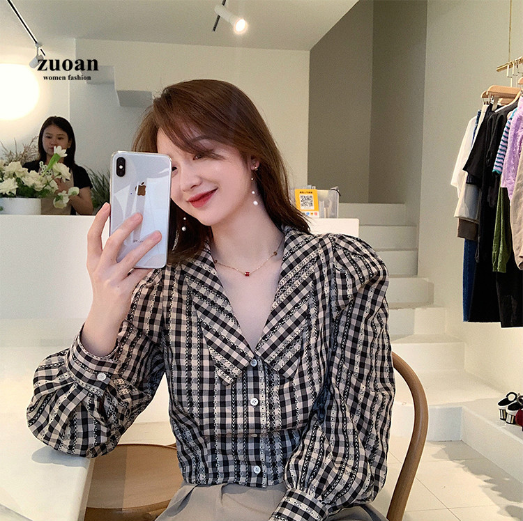 SUXI Áo kiểu tay phồng dài cổ búp bê kẻ sọc ca rô phong cách retro dành cho nữ