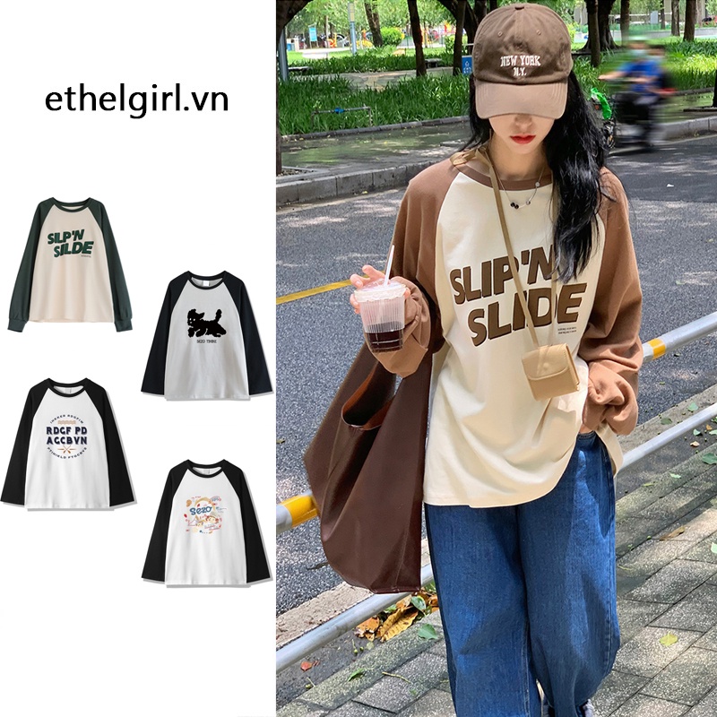 Ethelgirl Áo Thun Tay Dài Dáng Rộng Rãi Hoạ Tiết In Chữ Phong Cách Hàn Quốc Thời Trang Có 2 Màu Tùy Chọn Sành Điệu Cho Nữ