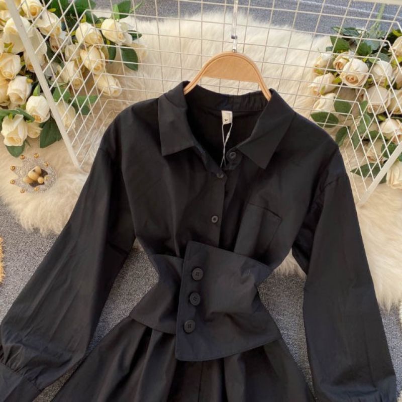 Áo sơmi form dài giấu quần  + Belt bó eo có chun sau lưng