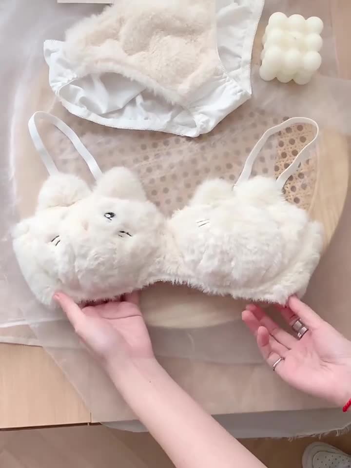 [Mã FATREND18J giảm đến 30k đơn 99k] Bộ đồ lót phối vải lông thêu hình chú mèo ôm nâng ngực | BigBuy360 - bigbuy360.vn