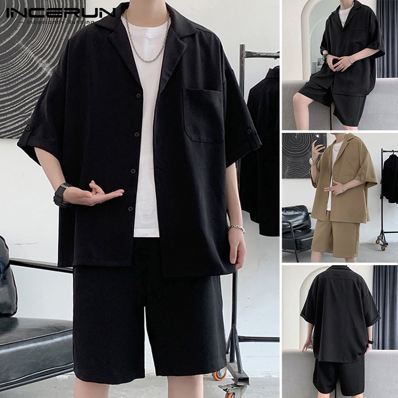 Set Áo Sơ Mi Tay Ngắn Màu Trơn Phối Quần Short Co Giãn Thời Trang Trẻ Trung Cho Nam