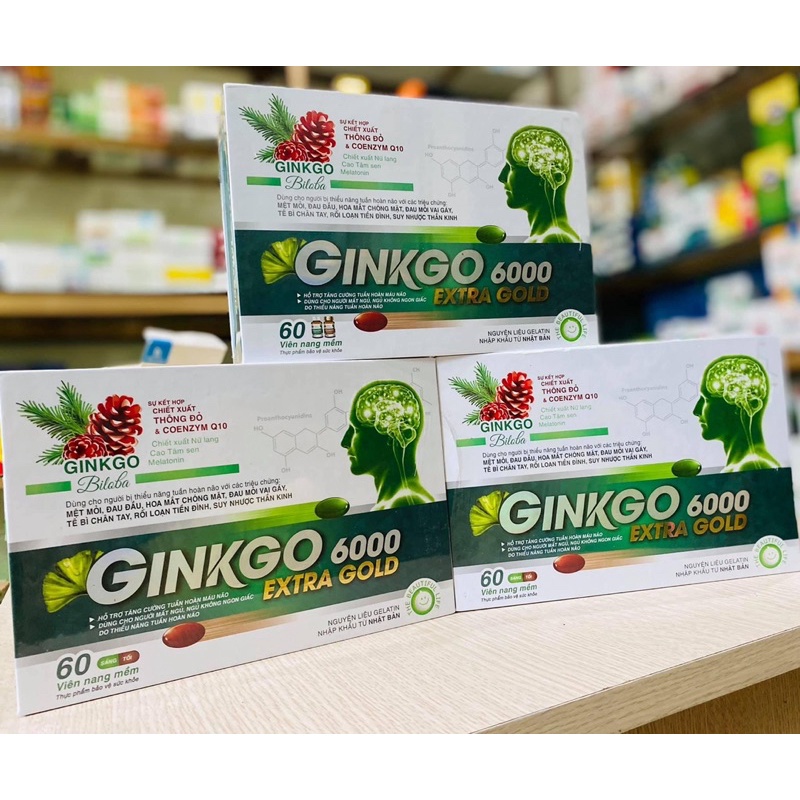 Viên uống bổ não Ginkgo 6000 Extra Gold hỗ trợ tăng cường máu lưu thông giúp giảm đau đầu mất ngủ hay quên lọ 60 viên