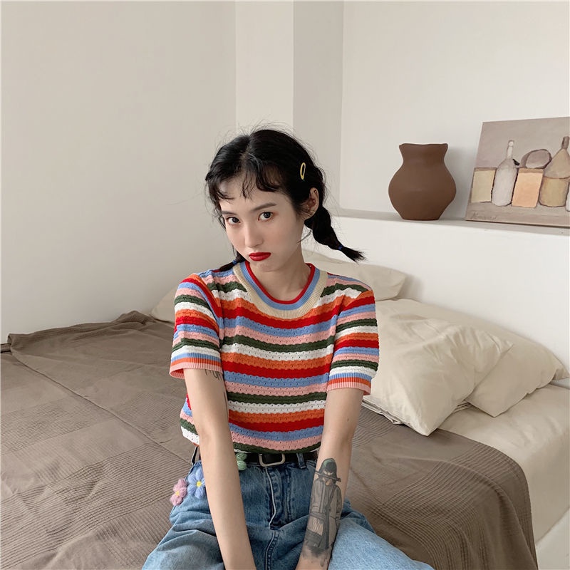 Áo Thun Tay Ngắn Cổ Tròn Hoạ Tiết Kẻ Sọc Màu Sắc Cầu Vồng Trẻ Trung Năng Động