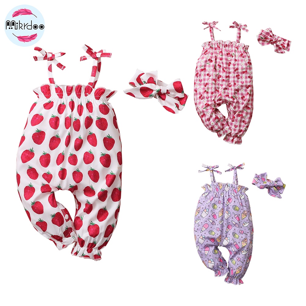 Áo liền quần hai dây Mikrdoo họa tiết hoa xinh xắn và băng đô thời trang dành cho bé gái sơ sinh