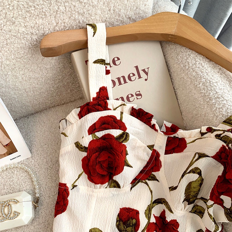 Đầm Hai Dây Dáng Ôm In Họa Tiết Hoa Hồng Thời Trang Mùa Hè Hàng Mới Quyến Rũ Cho Bạn Gái