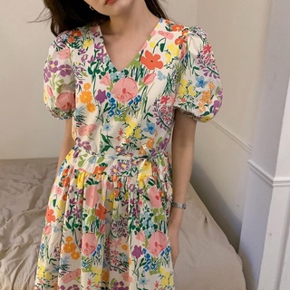 Đầm cổ chữ v thắt dây nhấn eo in họa tiết hoa nhí xinh xắn phong cách retro phương tây 50754