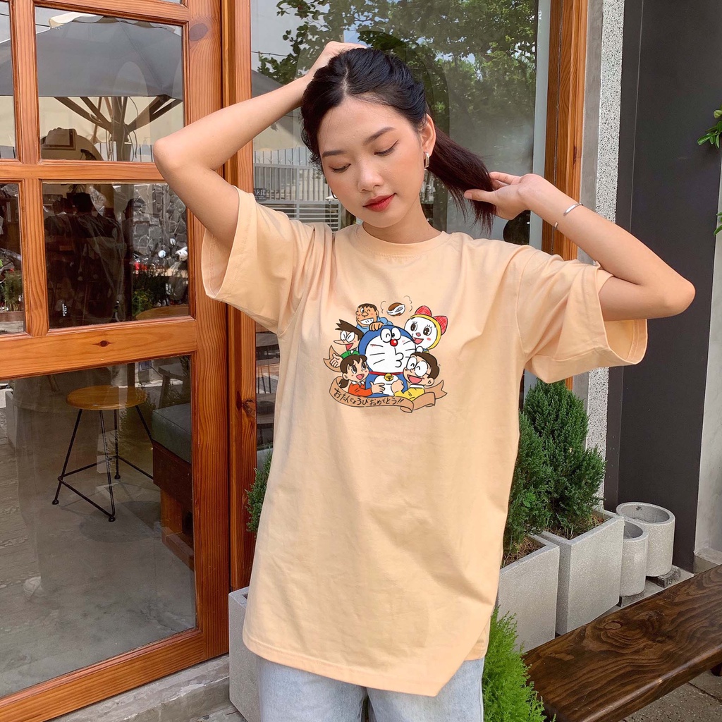 Áo thun unisex hoạt hình DORAEMON 100% cotton oversize tay lỡ form rộng
