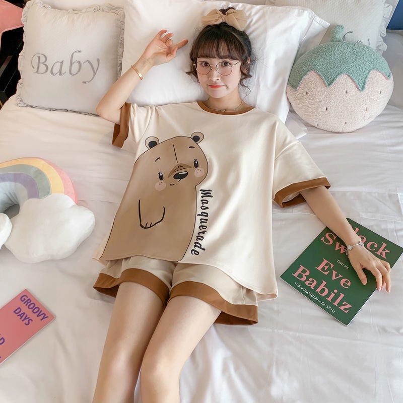 Bộ đồ ngủ tay ngắn in họa tiết hoạt hình phong cách Hàn Quốc thời trang mùa hè cho nữ