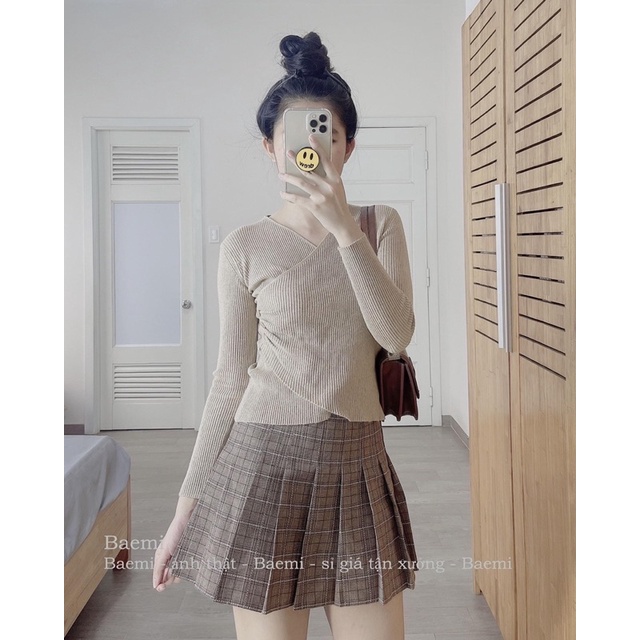 Áo len tăm vạt chéo, 2 màu nâu, đen Baemi - SML