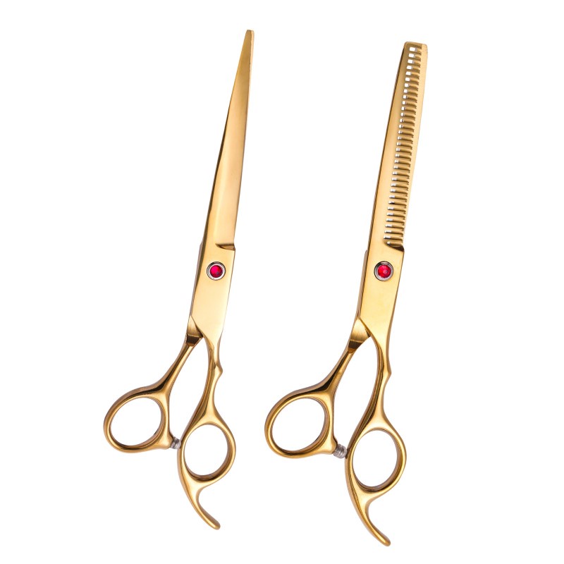 Bộ Kéo Cắt Tóc 7.0 Inch Màu Vàng Bằng Thép Không Gỉ Chất Lượng Cao + Bàn Chải Làm Sạch + Áo choàng cắt tóc + Túi làm đẹp