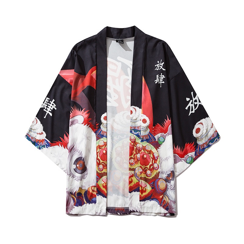 Áo khoác Kimono Haori phong cách Nhật Bản in hoạ tiết đầu lân chất lụa mềm mịn, thoáng mát dễ phối đồ giá rẻ