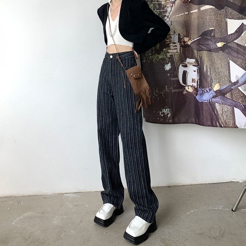 ☏△∏ Quần Jean Ống Rộng Kẻ Sọc Dọc Màu Đen Phong Cách Âu Mỹ Thời Trang Xuân Thu 2022 Cho Nữ
