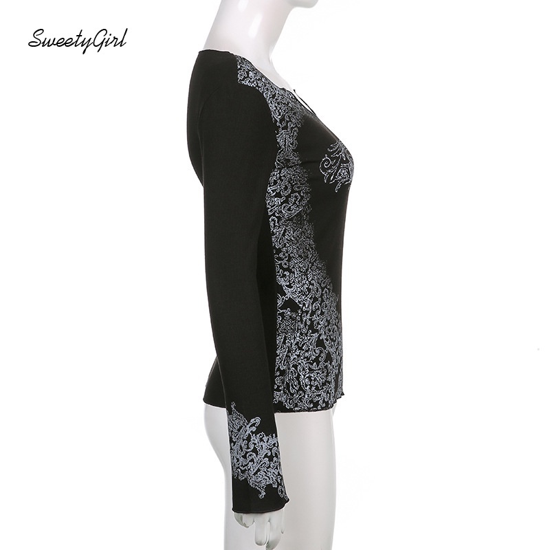 Áo Thun Tay Dài Cổ Chữ V In Họa Tiết Đôi Cánh Hoạt Hình Màu Tương Phản Dành Cho Nữ