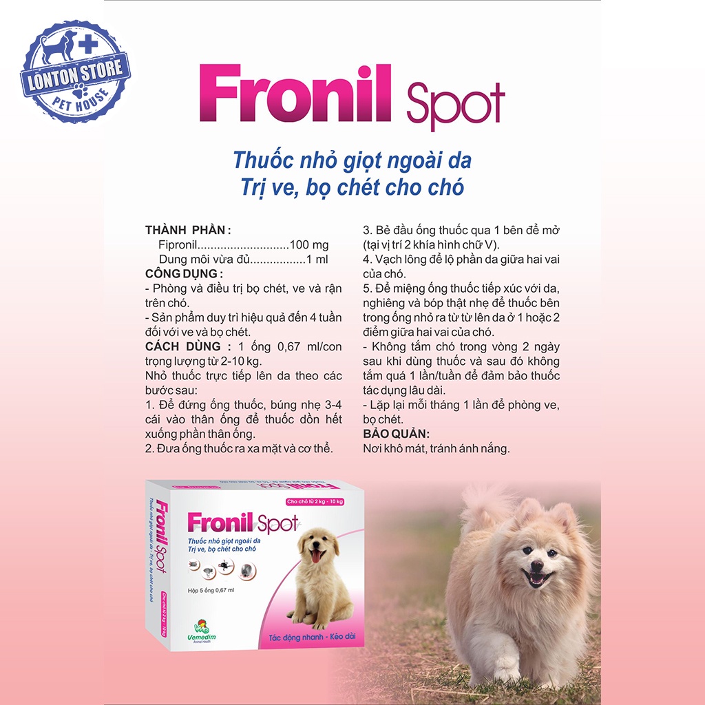 VEMEDIM Fronil Spot - Ống Nhỏ Giọt Ngoài Da Diệt Ve, Bọ Chét Cho Chó Mèo (1 Ống 0,67ml) - Lonton Store