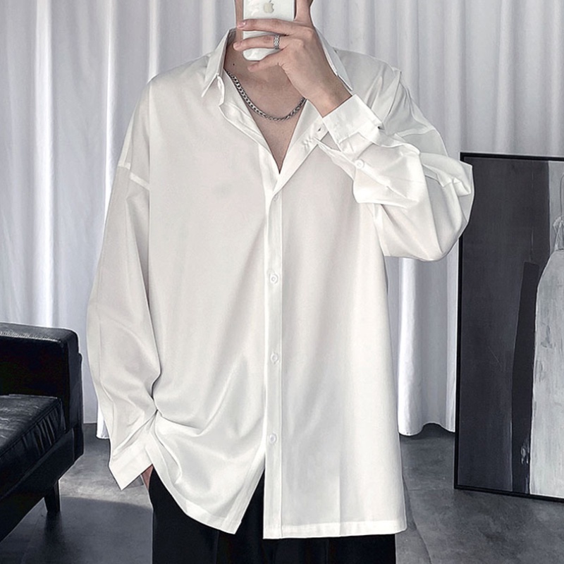 Áo sơ mi tay dài dáng rộng màu trơn phong cách Hàn Quốc thời trang mùa hè dành cho nam 2021