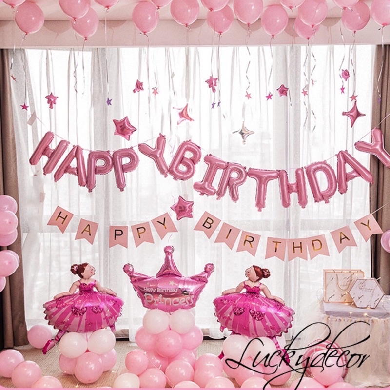 Set bóng bay trang trí sinh nhật màu hồng Tặng đủ phụ kiện bơm tay keo dán CC01