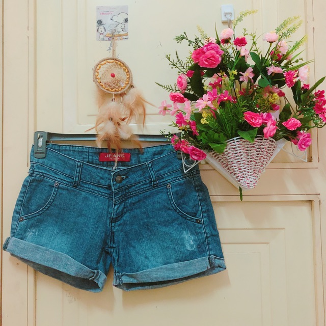 Quần short jean Y2K xăn lai đậm wax nhẹ