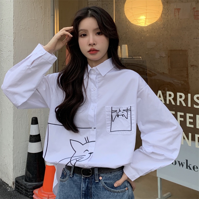 Áo sơ mi ZHELIHANGFEI tay dài dáng rộng họa tiết hình con mèo phong cách học đường dễ phối đồ