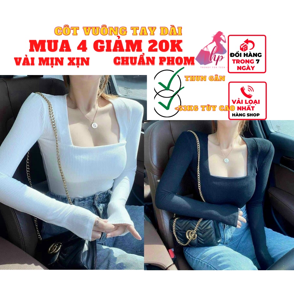 Áo thun nữ cổ vuông tay dài đẹp dáng ôm body thun gân màu trắng đen phong cách hàn quốc thời trang 2022