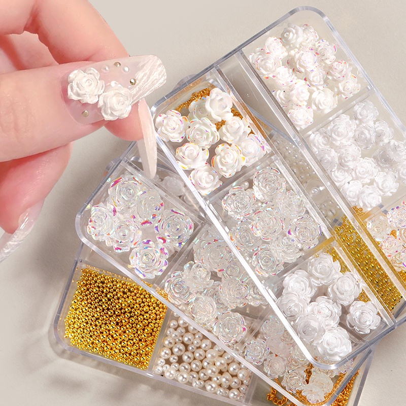 Hộp phụ kiện BORN PRETTY trang trí móng tay hình hoa trà 3d màu trắng bằng nhựa acrylic