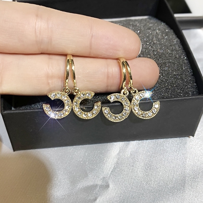 Bông Tai Mạ Bạc 925 Hình Chữ C Đính Đá Thời Trang