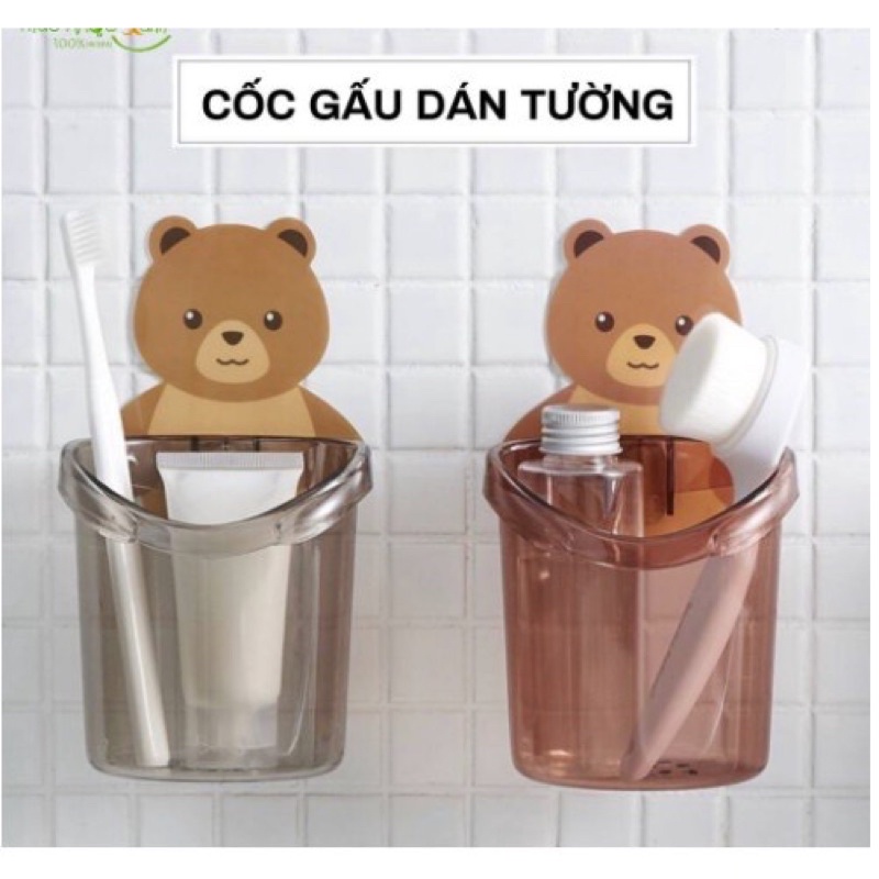 Cốc Gấu Dán Tường Để Bàn Chải Đánh Răng Hình Gấu Có Lỗ Thoát Nước Tiện Lợi