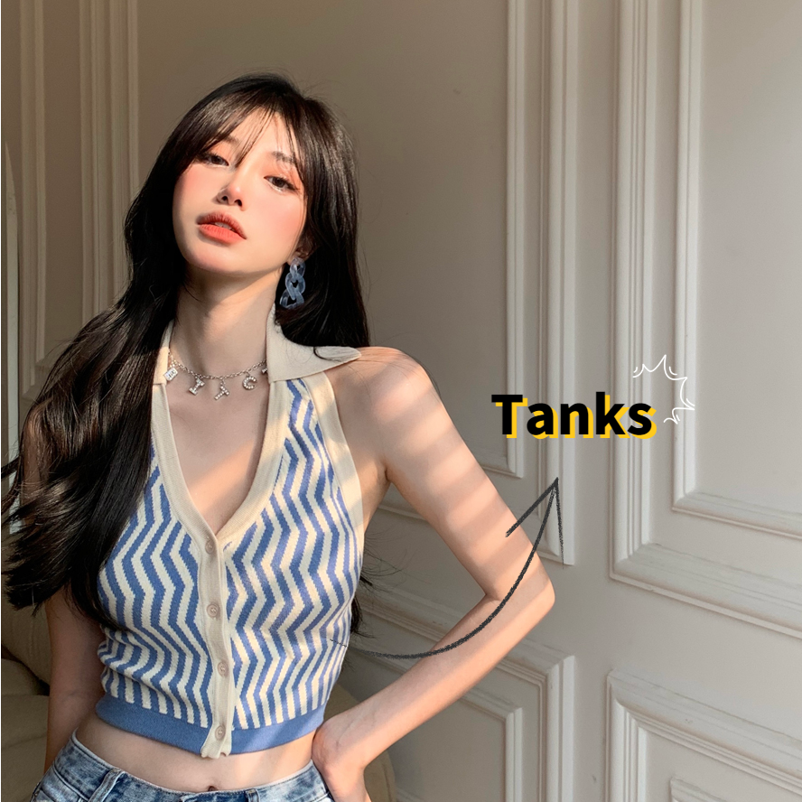 SUXI Áo tank top màu xanh thiết kế gợn sóng quyến rũ cho nữ