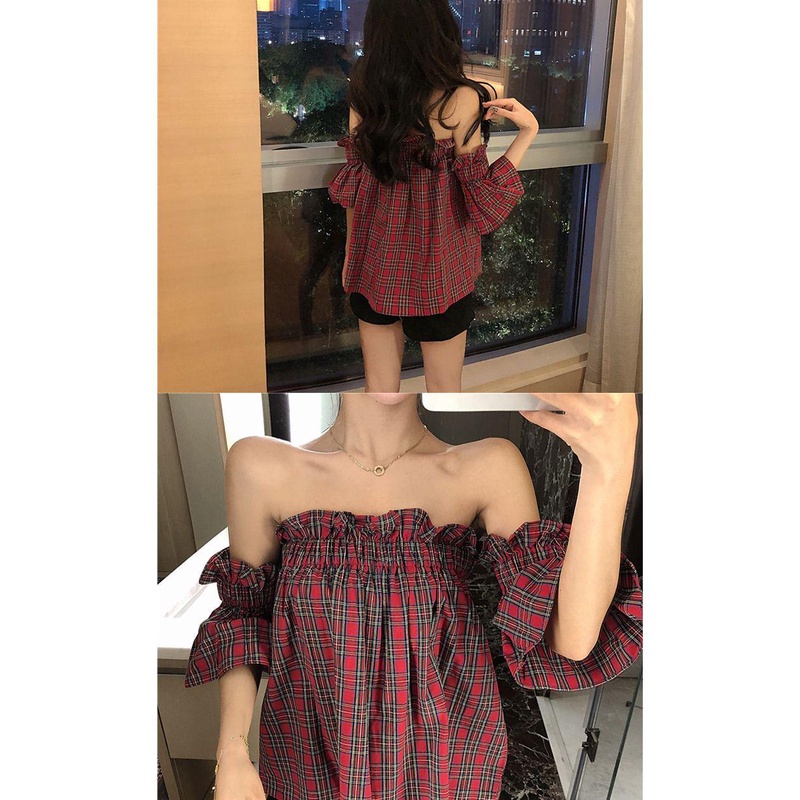 Áo Kiểu Trễ Vai Họa Tiết Sọc Caro Quyến Rũ Thời Trang