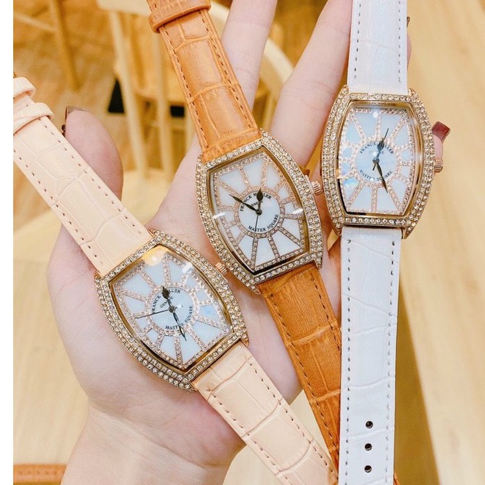Đồng hồ nữ Franck muller dây da, mặt bầu đính đá, hàng full box, thẻ bảo hành 12 tháng