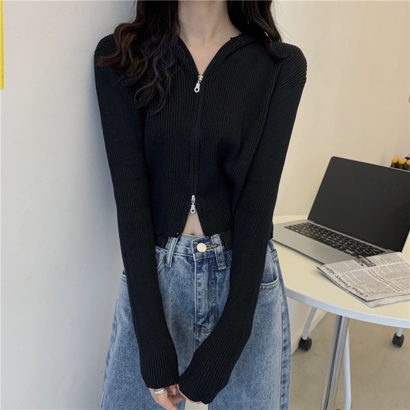 Áo Khoác Cardigan Mỏng Tay Dài Có Nón Hai Lớp Màu Sắc Trơn Dáng Rộng