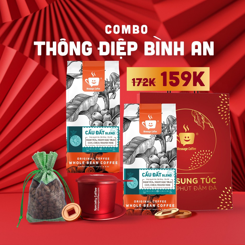 Quà tết cà phê Combo Thông Điệp Bình An Cầu Đất Blend cao cấp, tiết kiệm, túi quà tết tặng người thân ý nghĩa