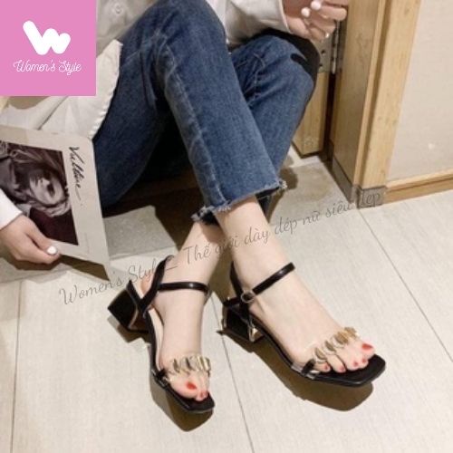 Sandal nữ gót vuông đính đồng, Giày cao gót đế vuông 3 cm đính đồng xu sang chảnh, Dép cao gót nữ giá rẻ full size 35-39