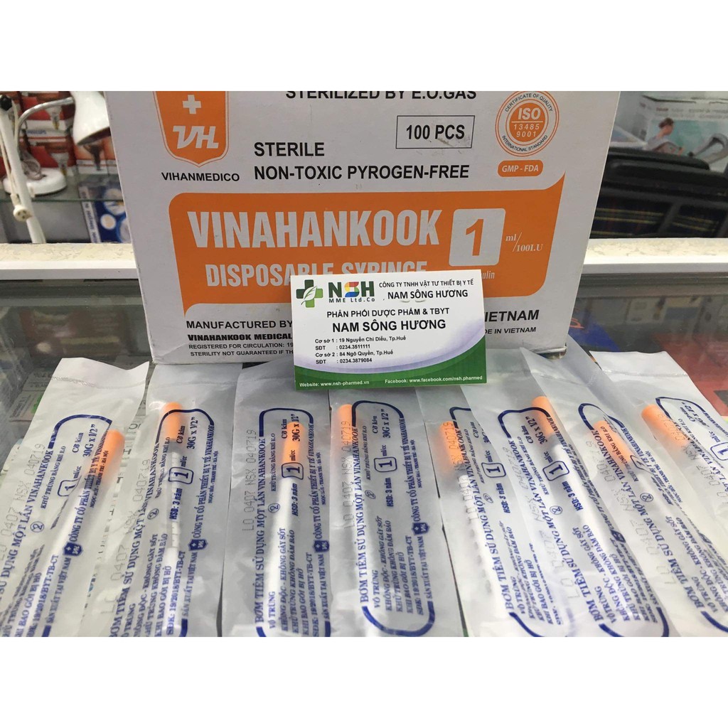 HỘP 100 cây BƠM KIM TIÊM TIỂU ĐƯỜNG INSULIN 1CC 1ML 100iu  VINAHANKOOK