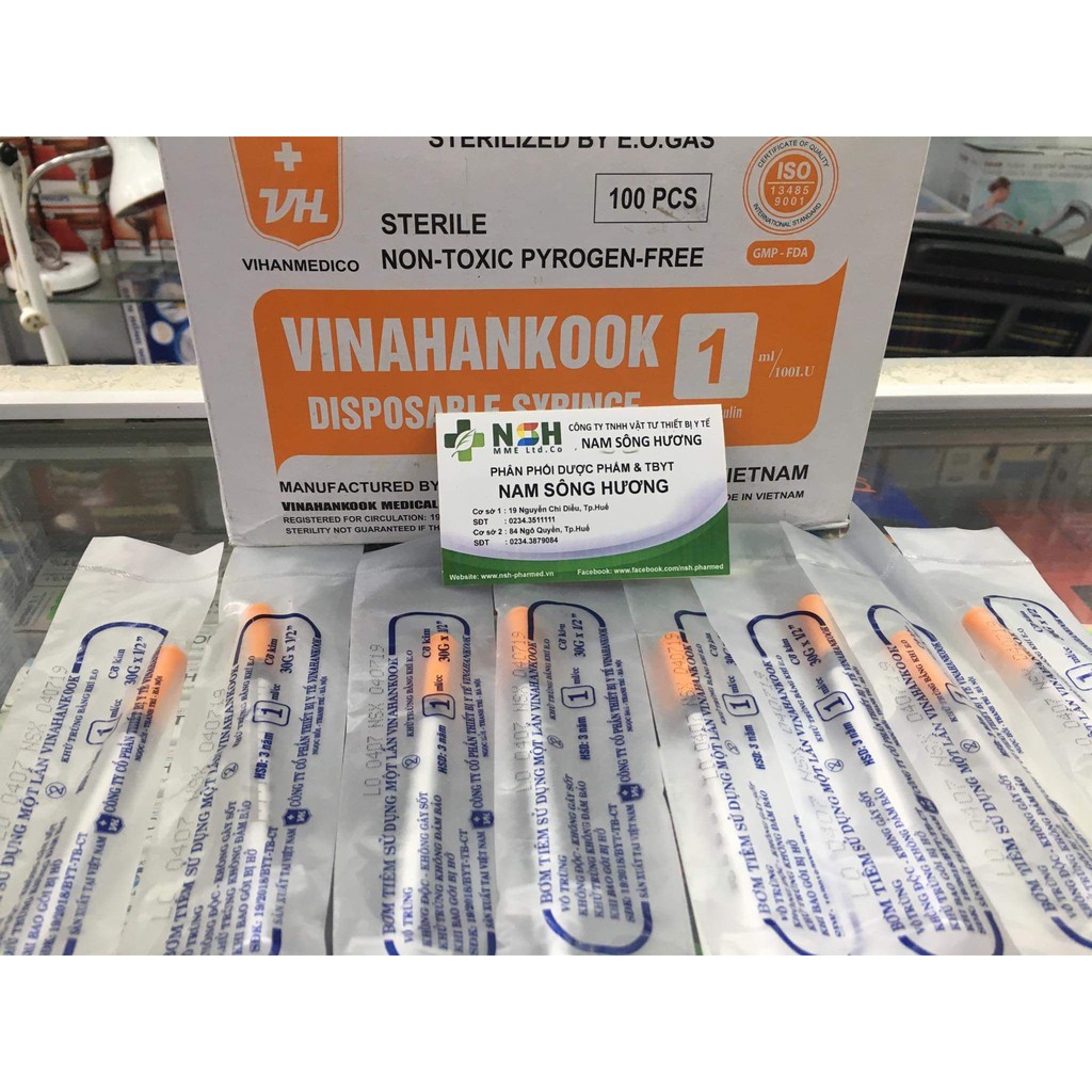 HỘP 100 cây BƠM KIM TIÊM TIỂU ĐƯỜNG INSULIN 1CC 1ML 100iu (30G) VINAHANKOOK