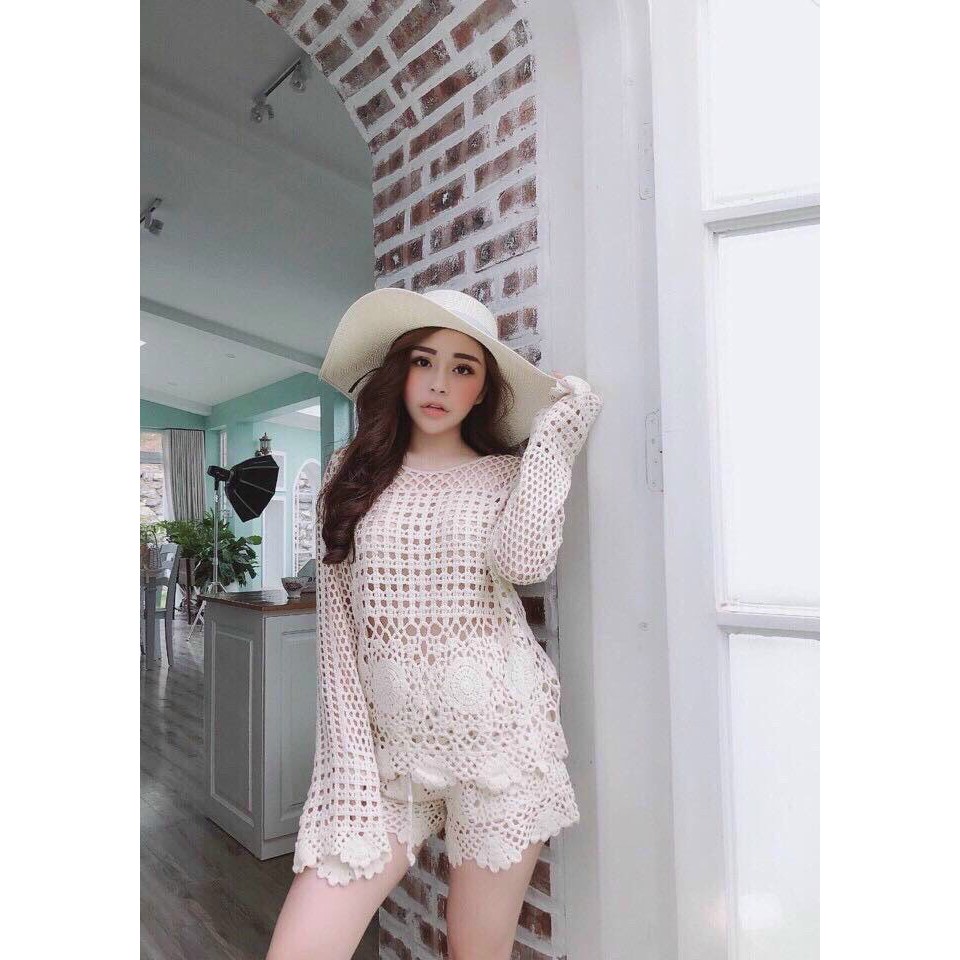 SÉT REN ĐI BIỂN ÁO TAY LOE LƯỚI MẮT TO KẾT HỢP QUẦN REN