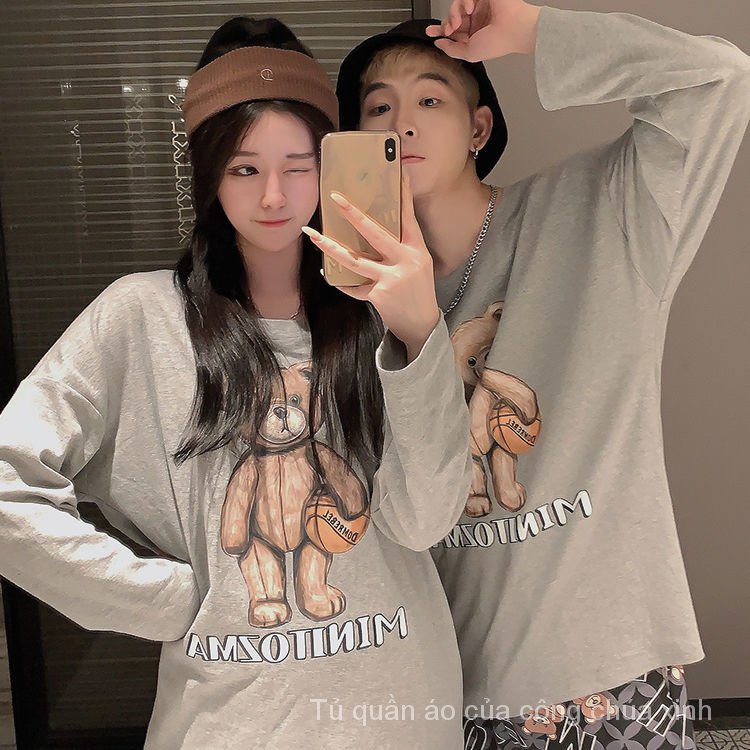 Bộ đồ ngủ tay dài in hình gấu Teddy hoạt hình thời trang xuân thu h5bb