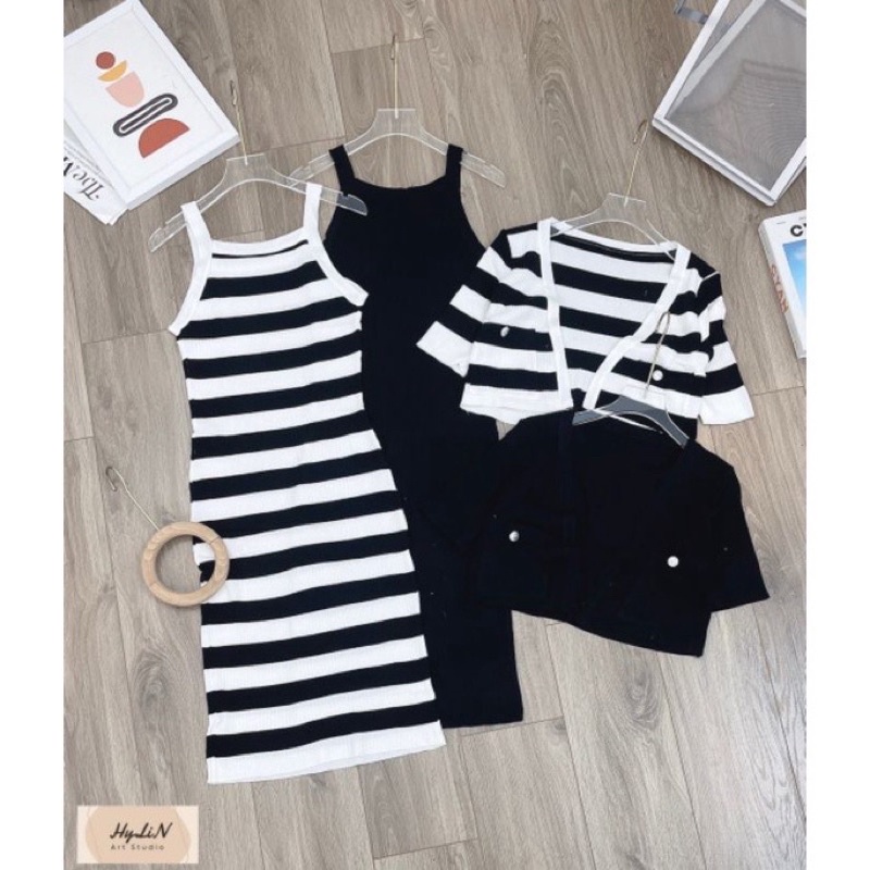 Set váy body mix khoác ngoài crtop 2 màu Đen - Kẻ đen trắng, Chất gân tăm