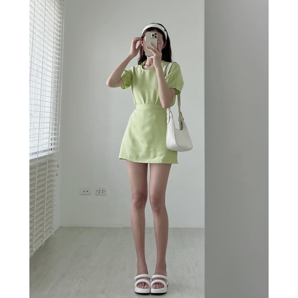 Set Áo Tay Bồng Và Chân Váy Chữ A Có 2 Lớp Phía Sau Lưng Chun Chuẩn Form