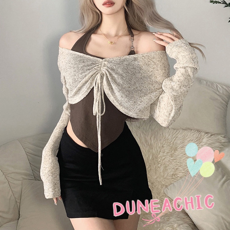 DUNEA Áo Dây Rút Tay Dài Cổ Chữ V + Áo Tank Top Không Đối Xứng Thời Trang Cho Nữ