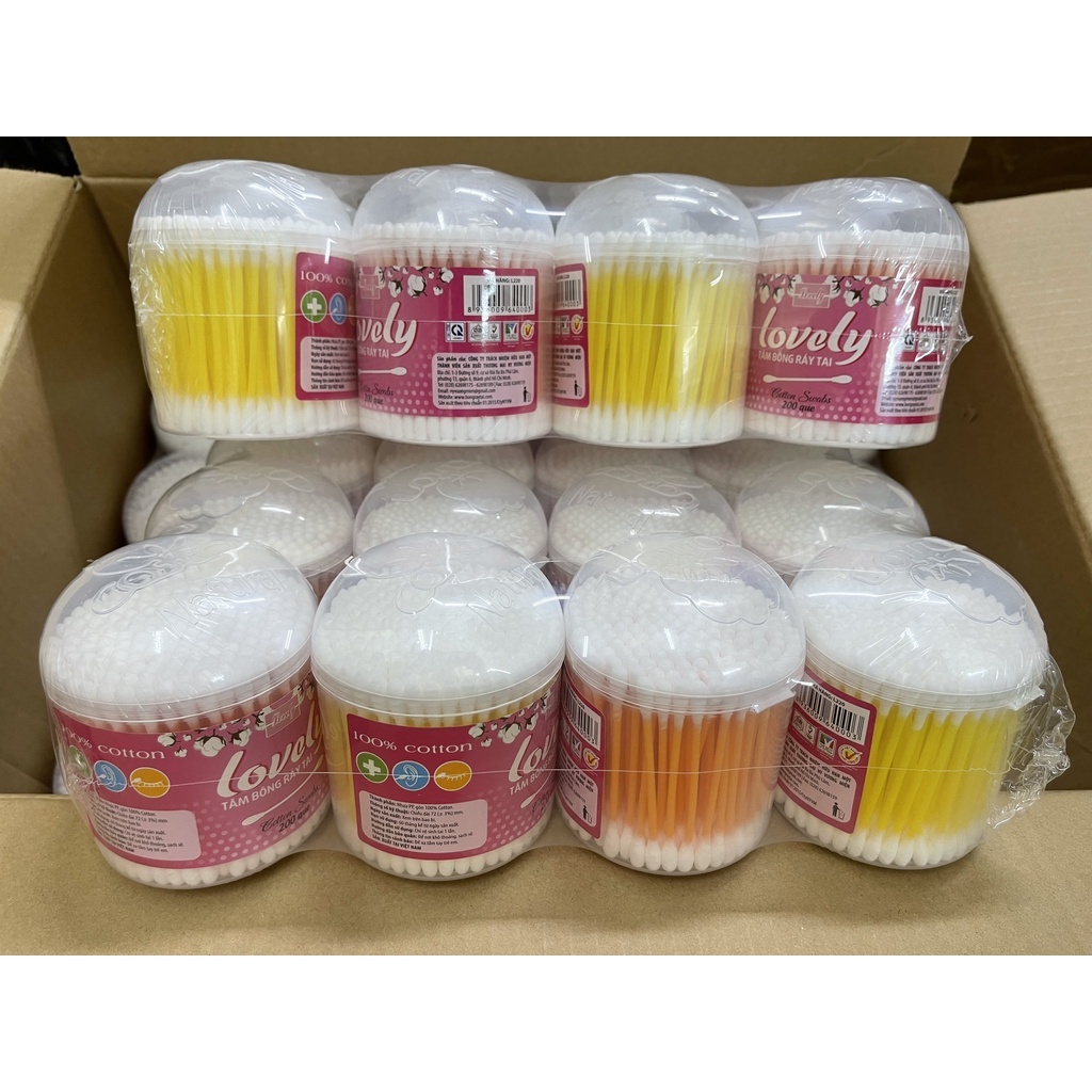 Tăm bông ráy tai Lovely que nhựa 100% bông cotton tự nhiên, hộp 200 que