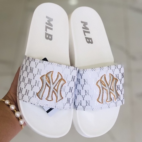 Dép unisex 𝐌𝐋𝐁 𝗡𝗬 ❤️FREESHIP + Hộp❤️ dép mlb quai ngang thể thao nữ Thêu nỗi NY-NY trắng chữ bạc D.GV-trắng-chữ-bạc