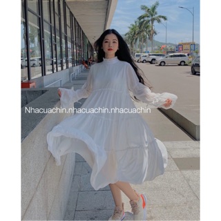 Váy babydoll dáng dài, Váy trắng tay phồng xếp tầng chất voan tơ tiểu thư phong cách Hàn Quốc.