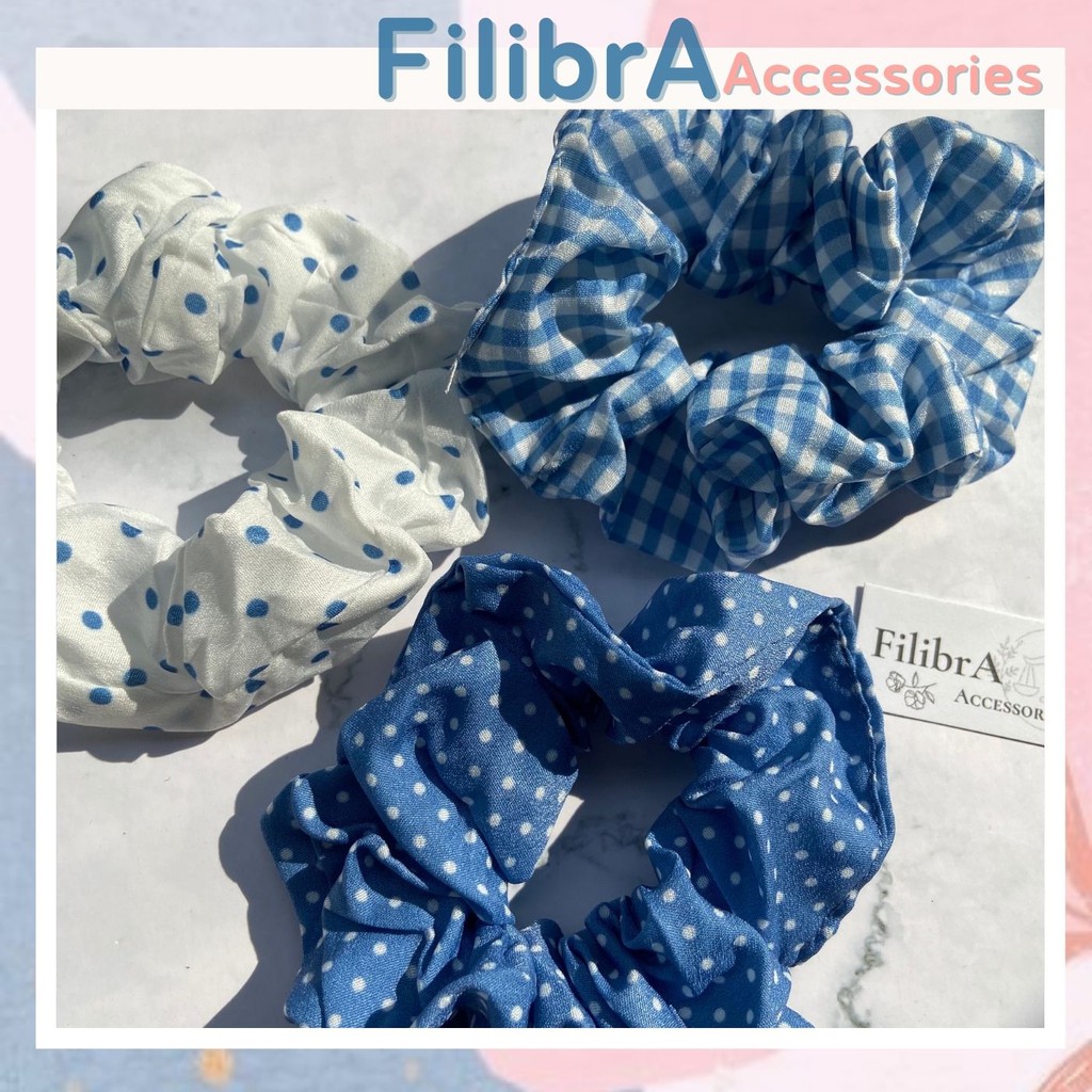 Dây buộc tóc scrunchies vải họa tiết xanh chấm bi, sọc caro phong cách Ulzzangs, phụ kiện tóc CT006 - Filibra