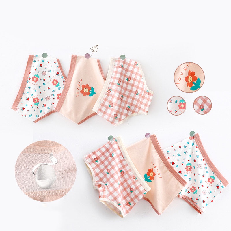 SANITKUN Set 3 Quần Lót Cotton Kháng Khuẩn In Họa Tiết Hoa Dễ Thương Phong Cách Hàn Quốc Cho Bé Gái